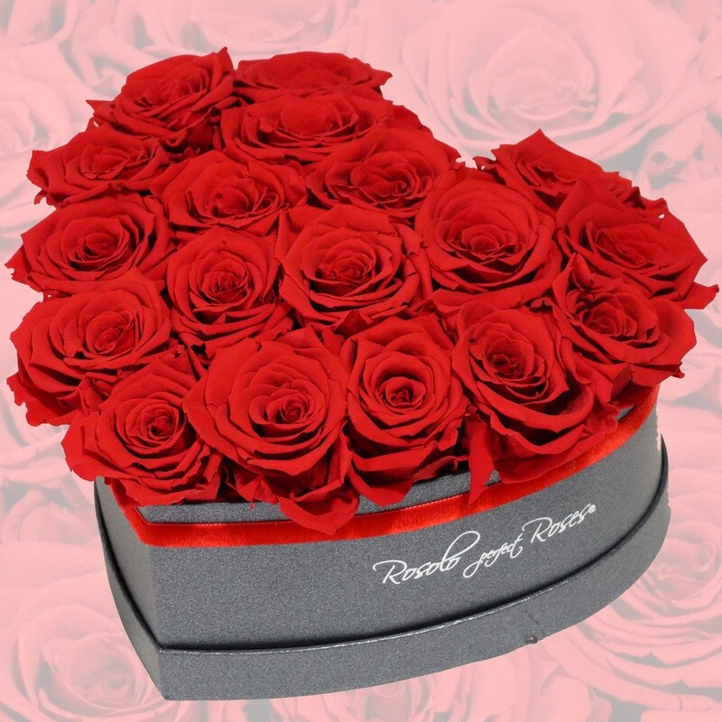 Boîte en forme de coeur, 3 tailles: env. 18, 35 ou 47 roses éternelles en rouge