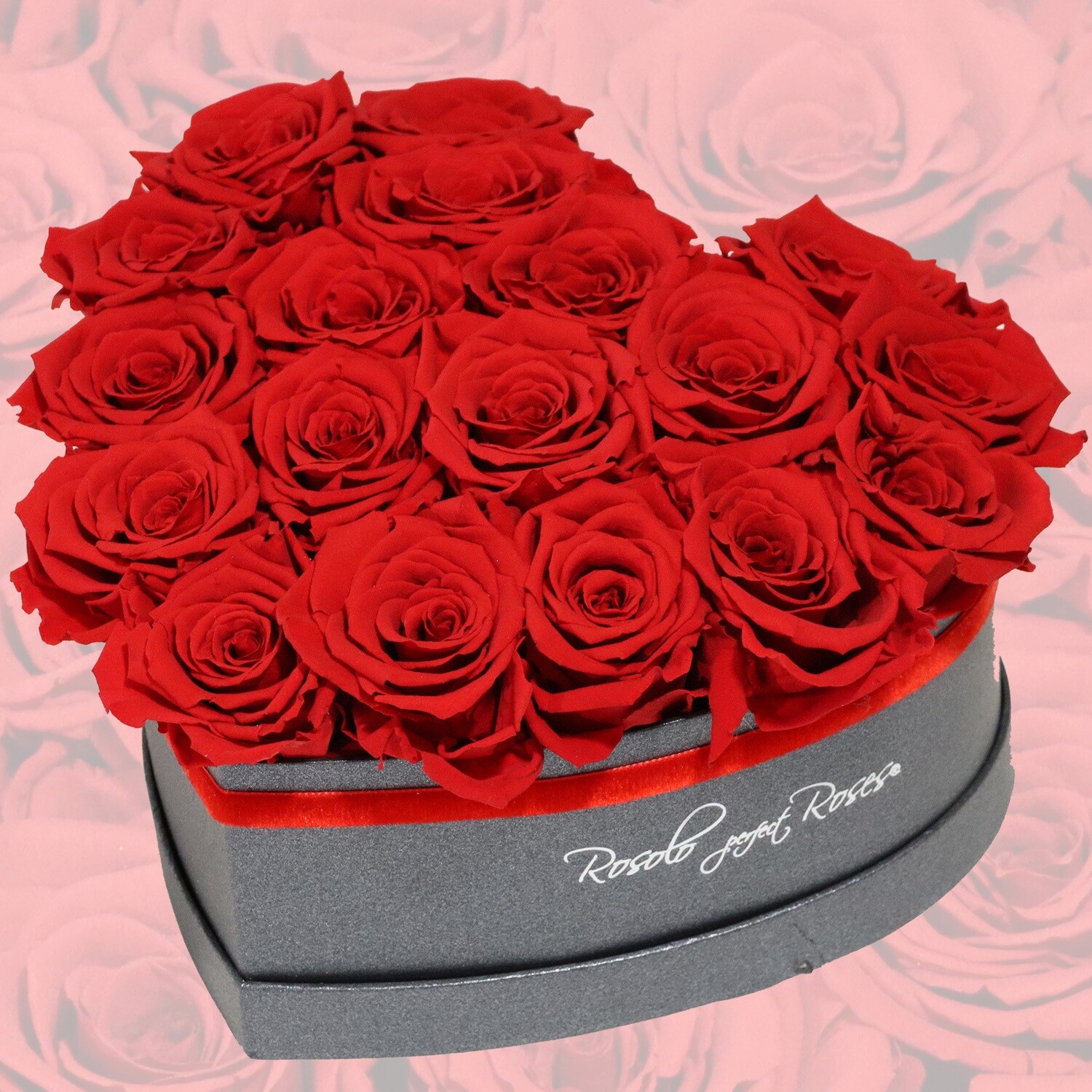 Boîte en forme de coeur, 3 tailles: env. 18, 35 ou 47 roses éternelles en rouge, Taille: moyen, env.18 roses