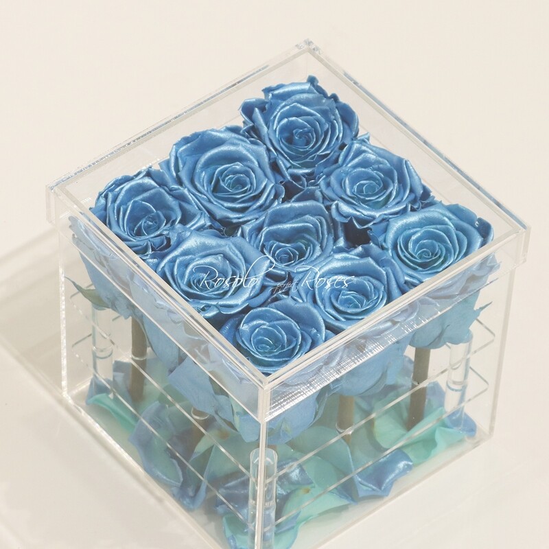 Boîte transparente, roses éternelles en bleu