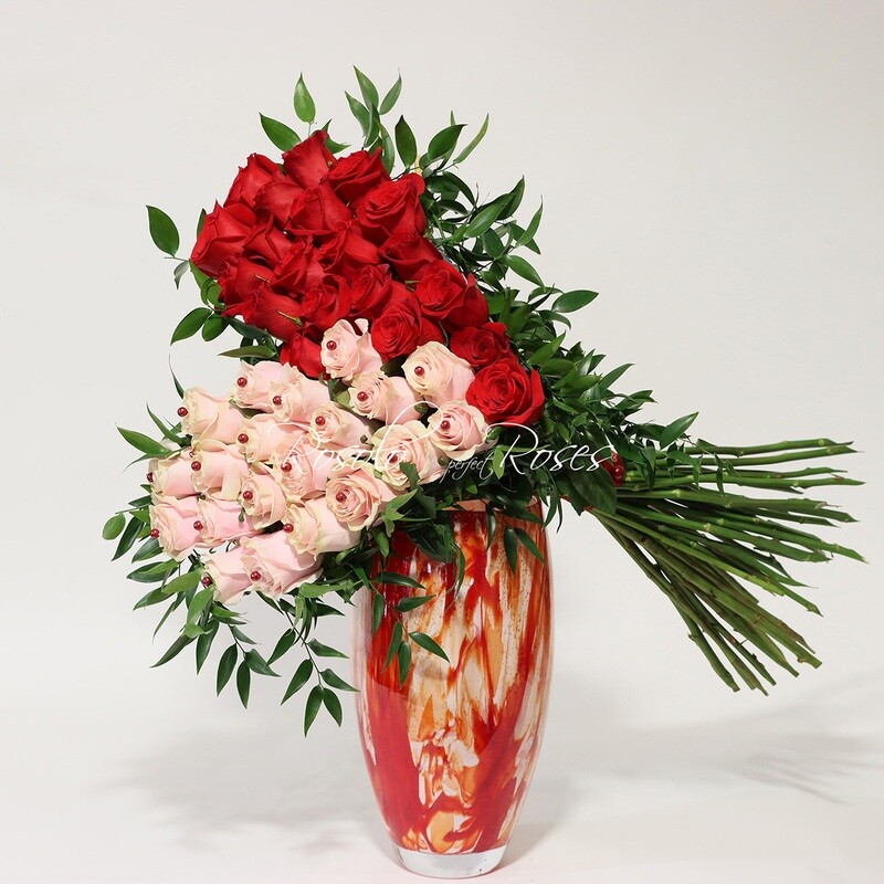 Bouquet coeur, roses rouges et roses