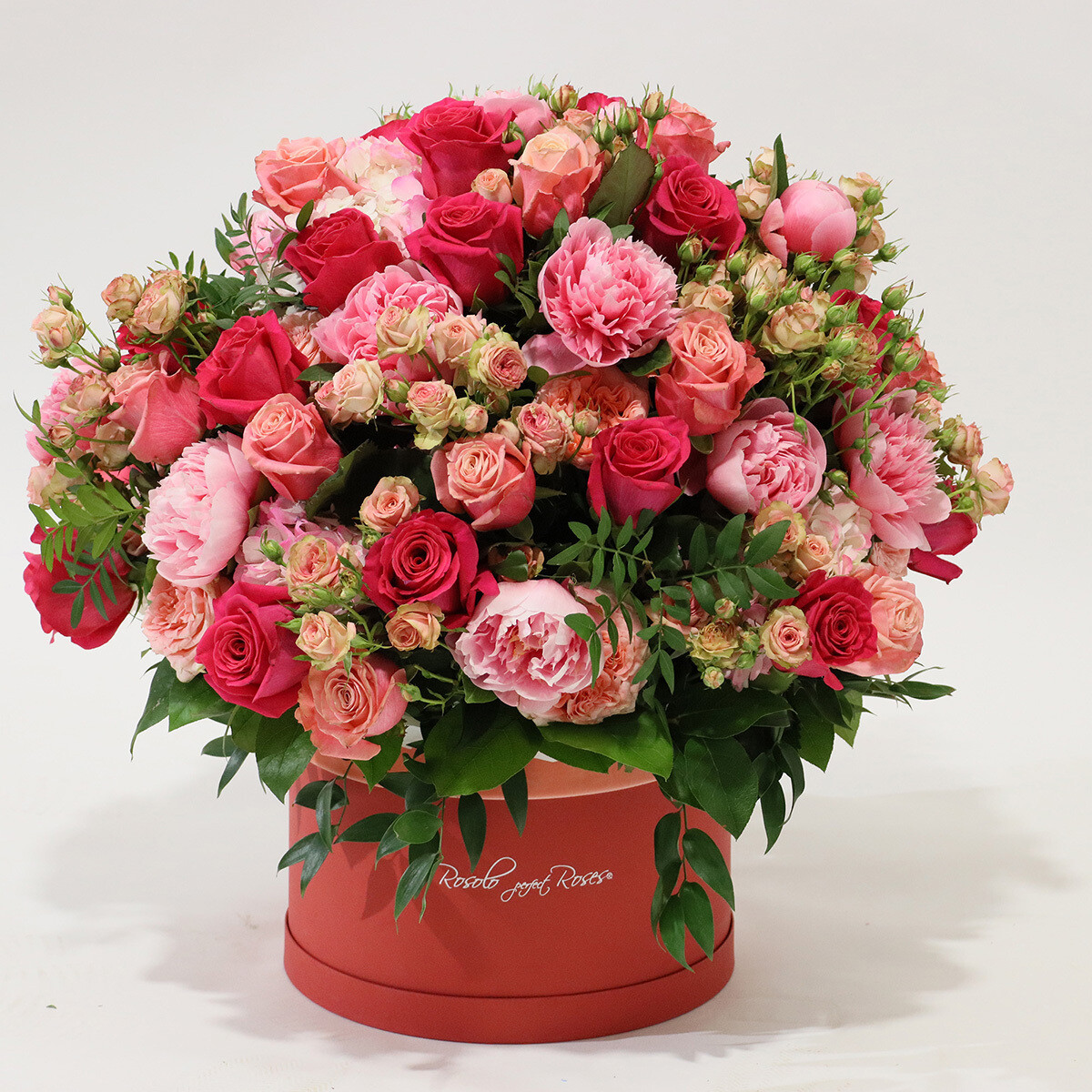 PIVOINES: Magnifique boîte de roses et pivoines, couleur rose et fuchsia