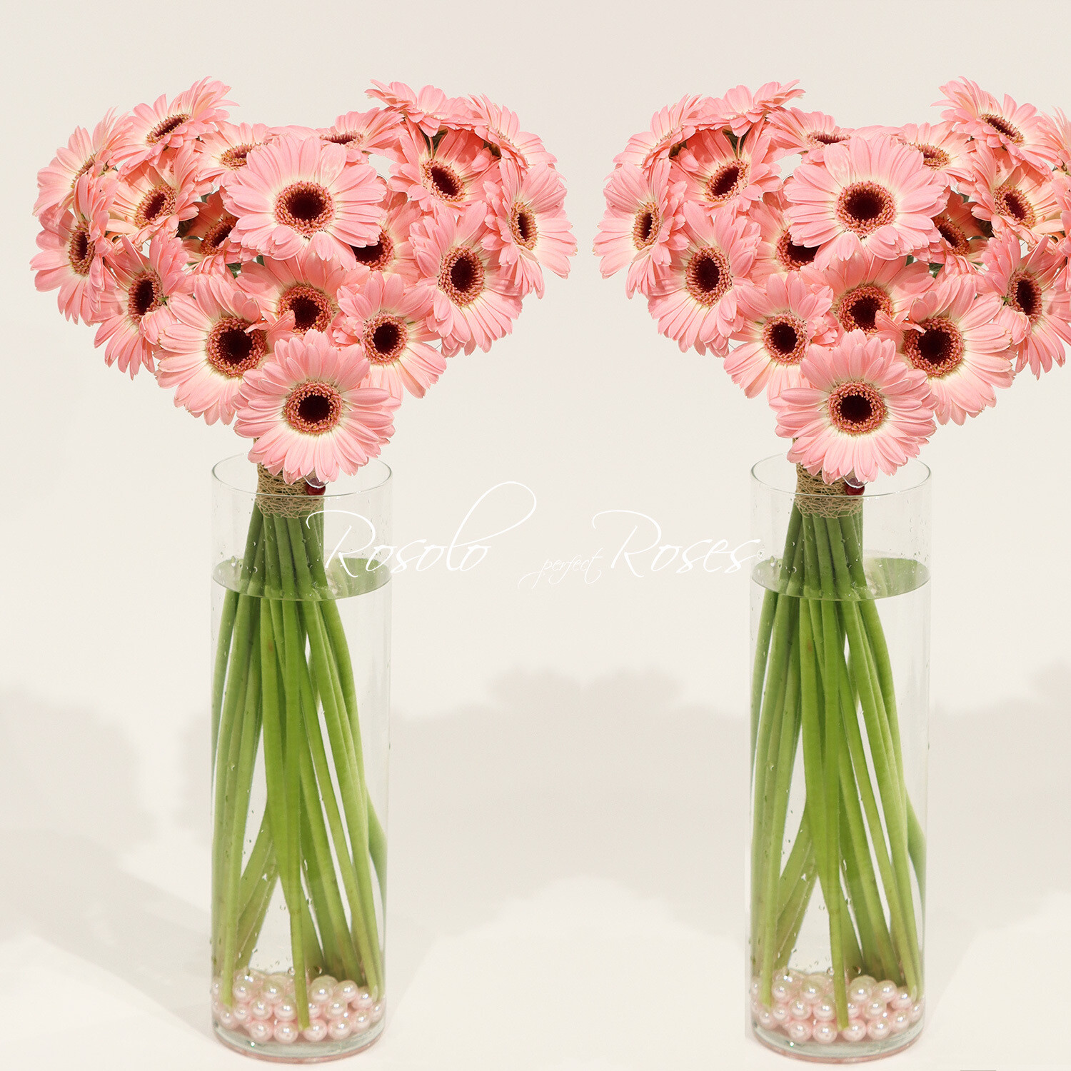 Bouquet coeur, germini rose, 2 tailles, avec ou sans vase