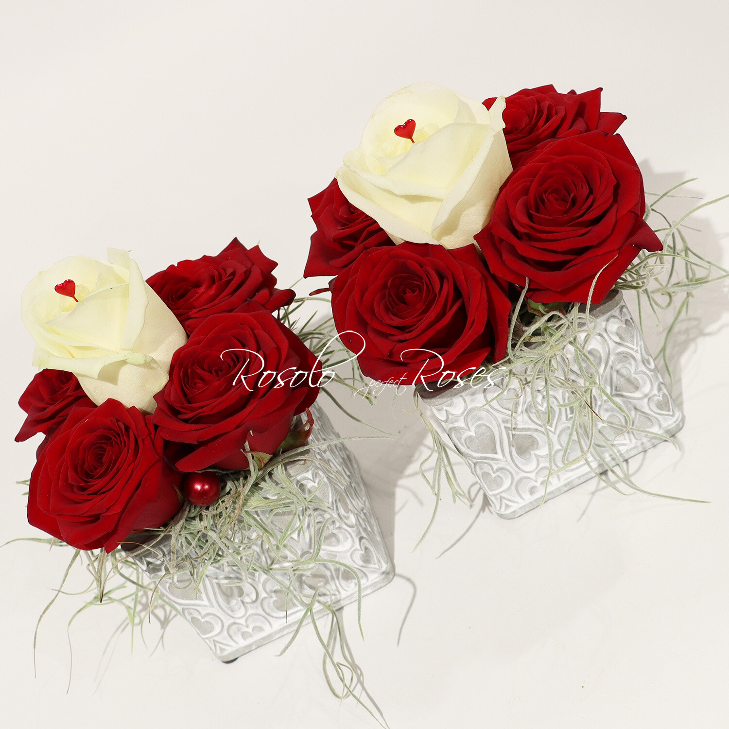 AMOUR: composition Saint-Valentin, 4 roses rouges, 1 rose blanche