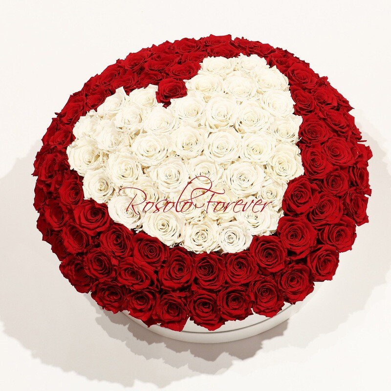 Grande boîte ronde, env. 105 roses éternelles en rouge et blanc
