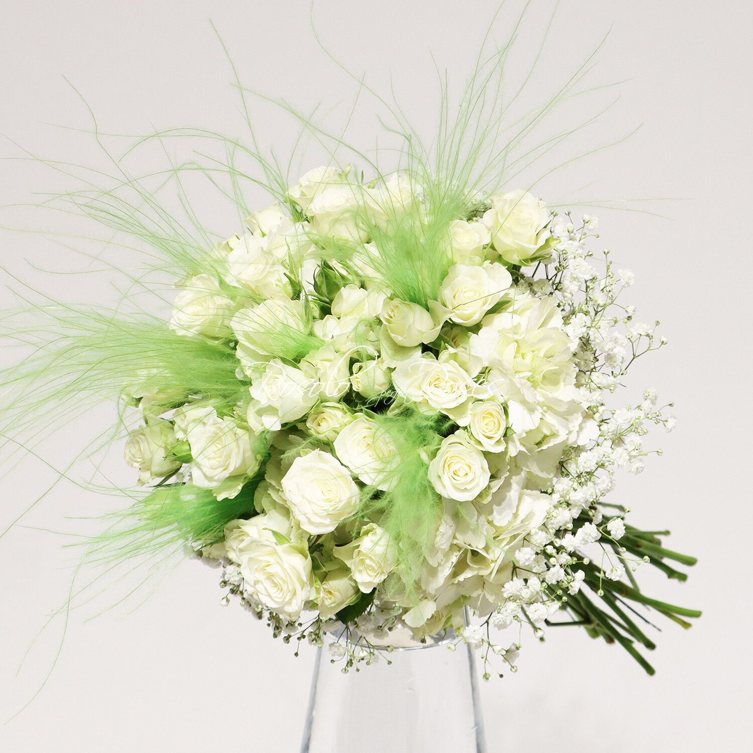 Roses polyantha et hortensia, en blanc