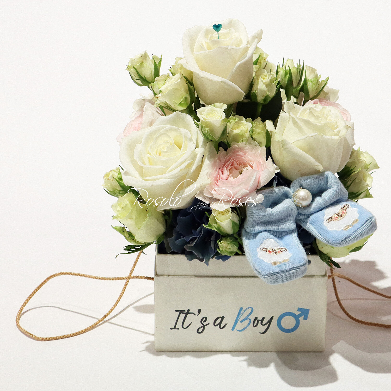 Boîte de roses, naissance garçon, 2 tailles