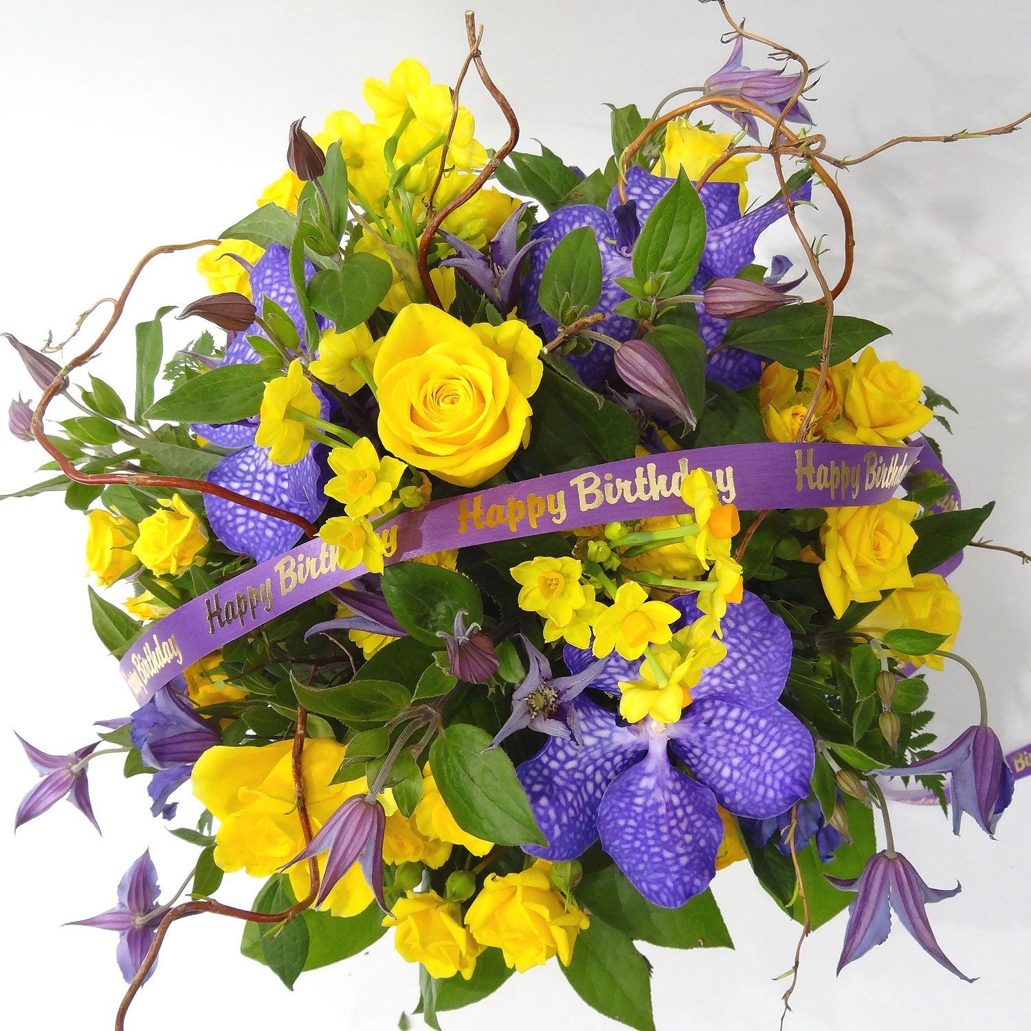 Bouquet d'anniversaire en jaune et mauve