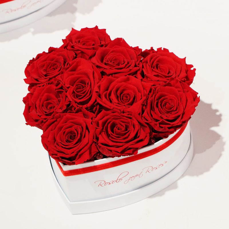 Boîte en forme de coeur, 10 roses éternelles en rouge