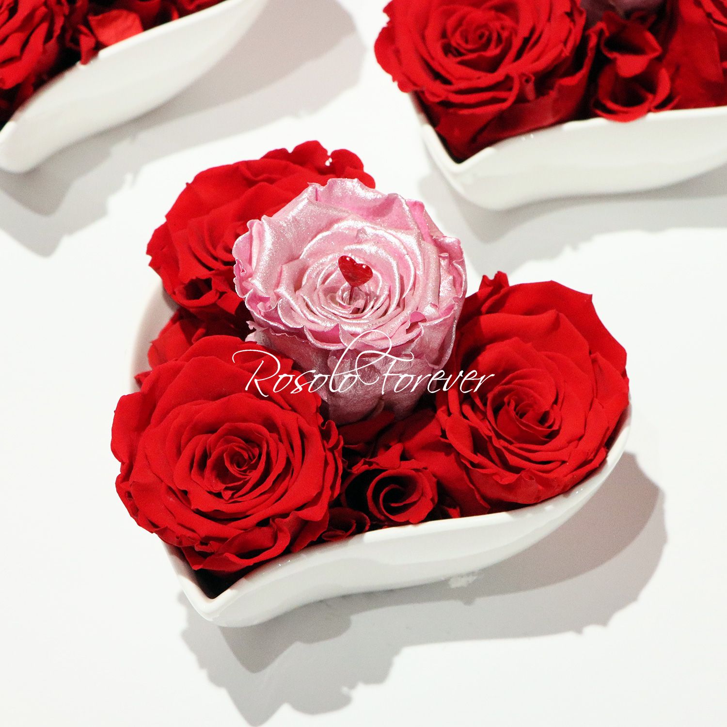 Coupe, porcelaine, en forme de coeur.  Roses éternelles en rouge et rose