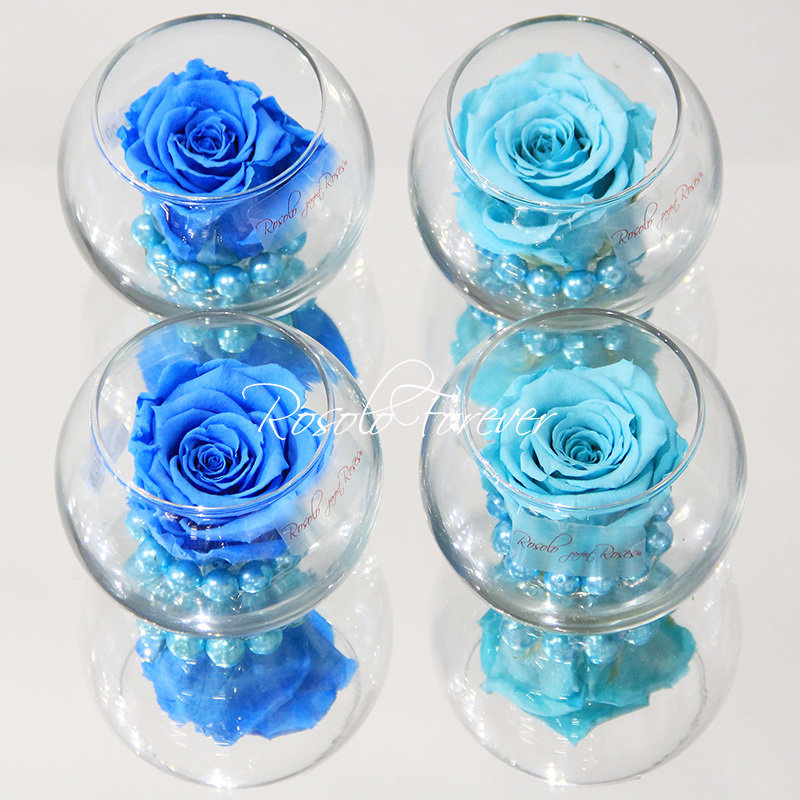 Une rose stabilisée en bleu, avec perles décoratives dans un verre