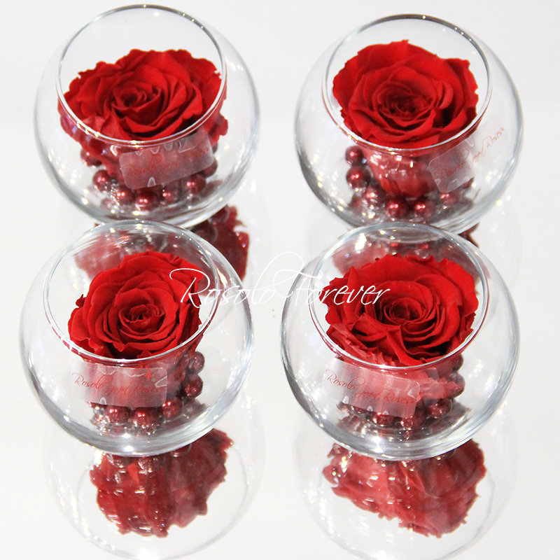 Une rose stabilisée en rouge, avec perles décoratives dans un verre