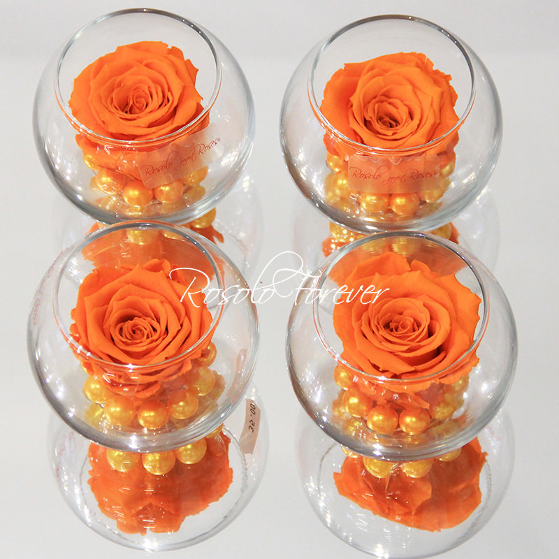 Une rose stabilisée en orange, avec perles décoratives dans un verre