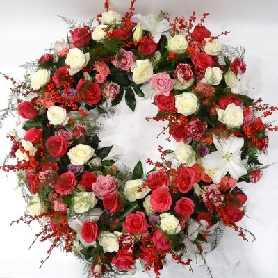 Couronne mortuaire en rouge et blanc