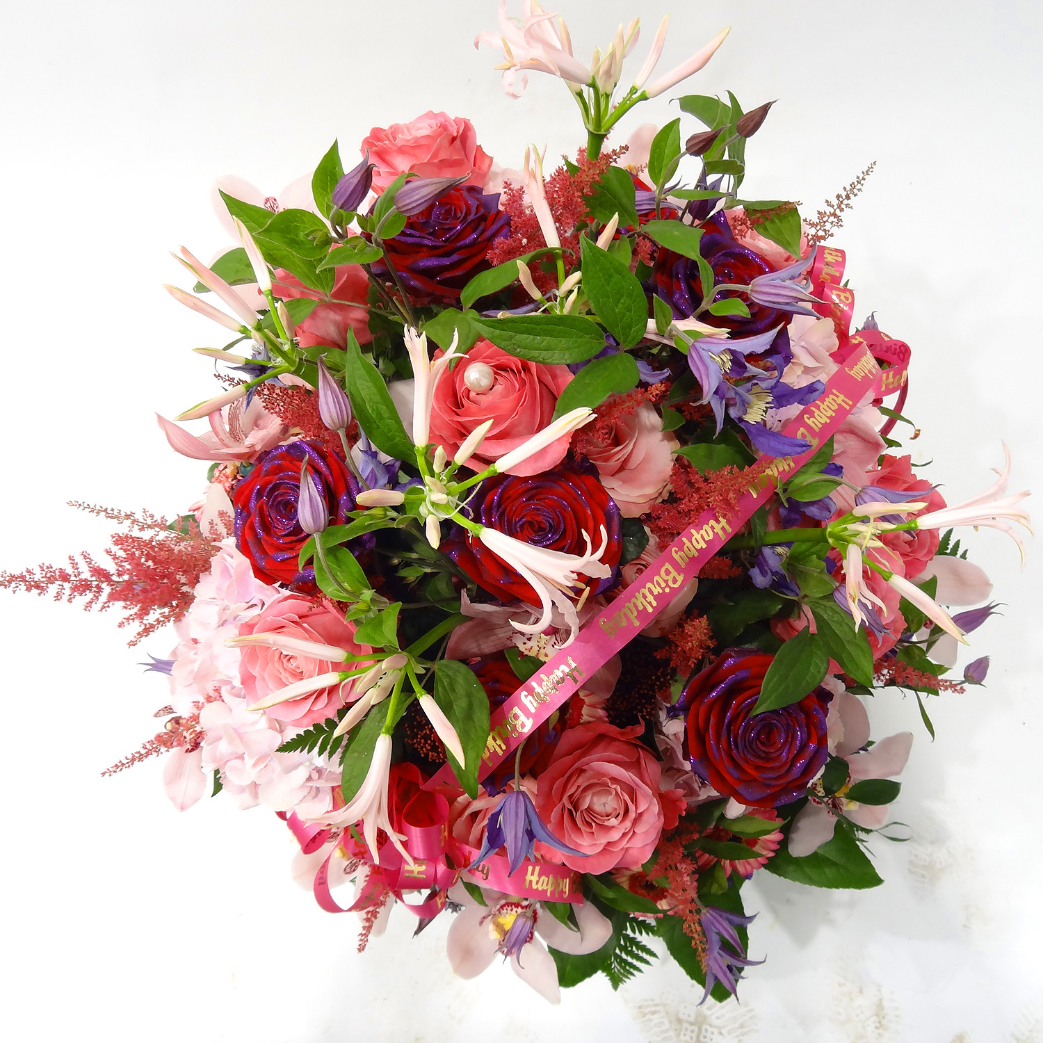 Bouquet d'anniversaire en rose, fuchsia et mauve