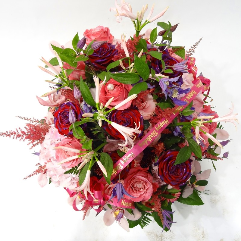 Bouquet d'anniversaire en rose, fuchsia et mauve