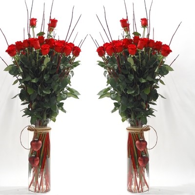 Superbes roses rouges dans un vase cylindrique
