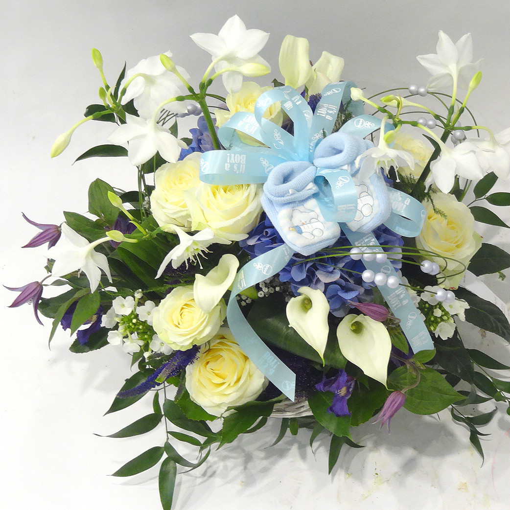 Bouquet de naissance garçon en bleu et blanc