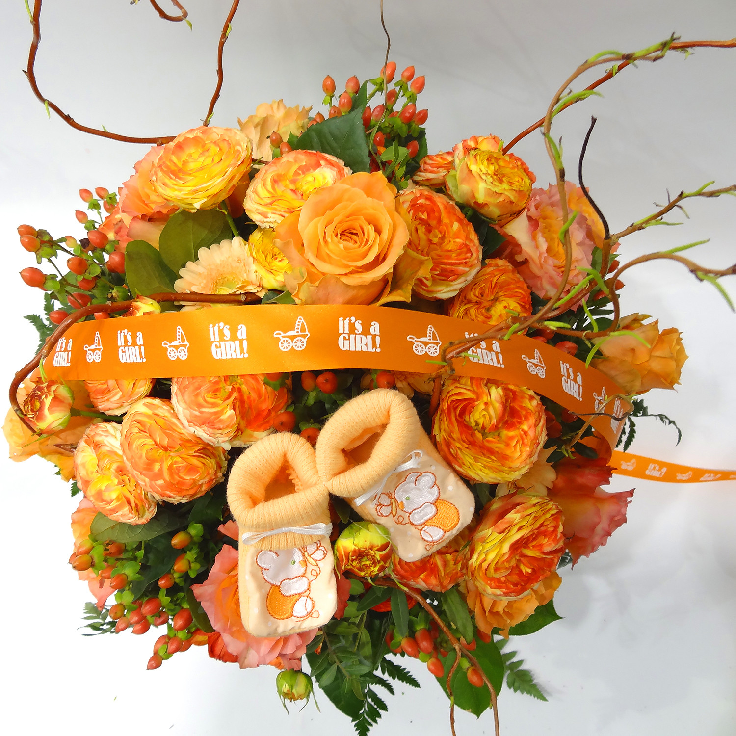 Bouquet de naissance pour fille, couleur saumon-orange
