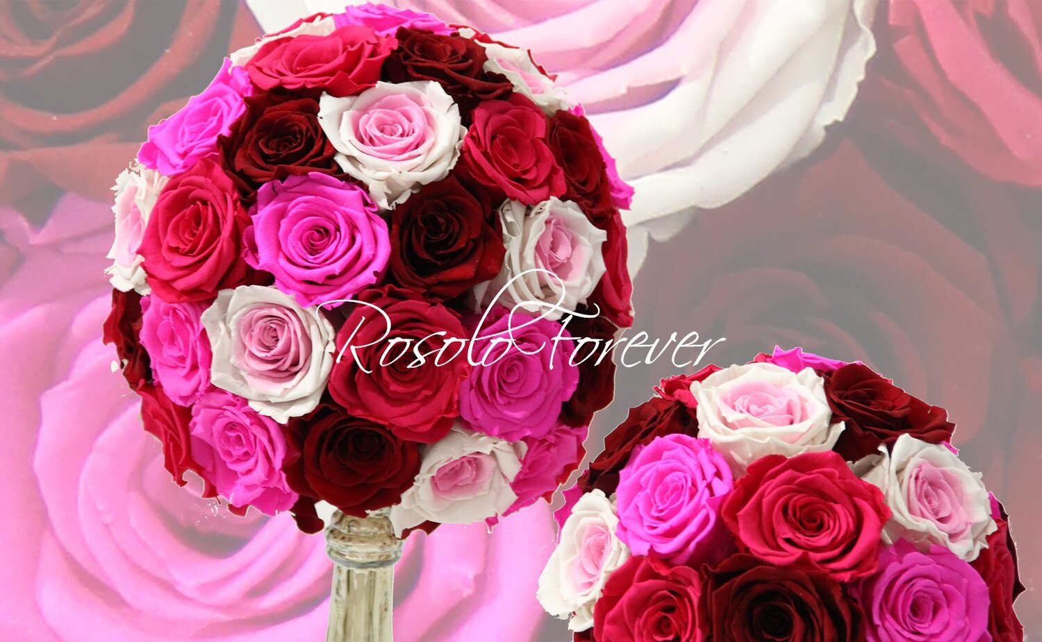 Belle boule de roses éternelles, pastelle, sur chandelier