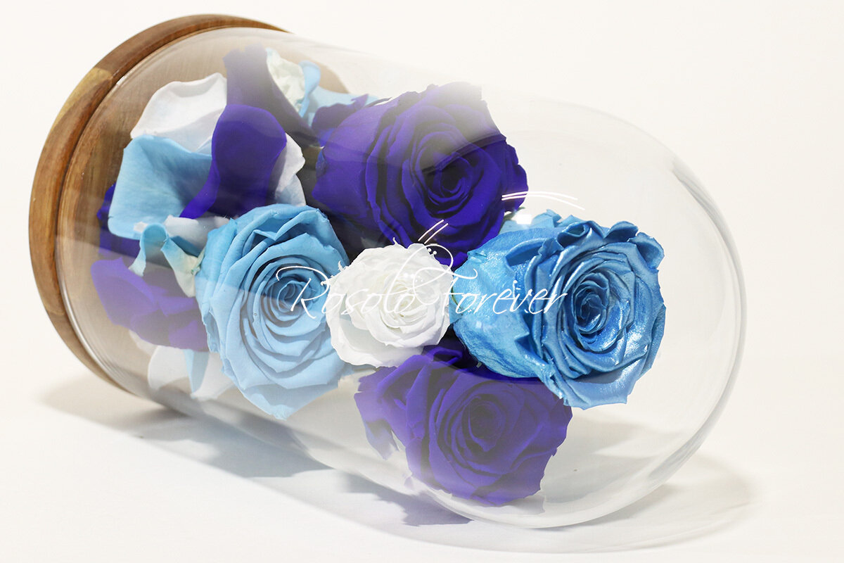 Cloche exclusive, 7 roses en bleu et blanc