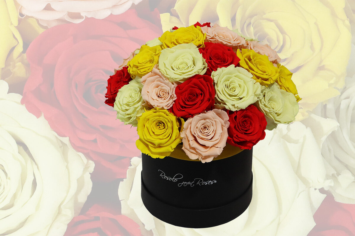 Superbe boîte de roses stabilisées en fuchsia, rose et jaune. Plusieurs tailles disponibles