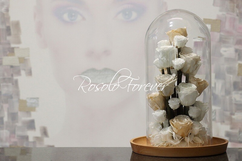 Très grande cloche, roses en blanc et crême