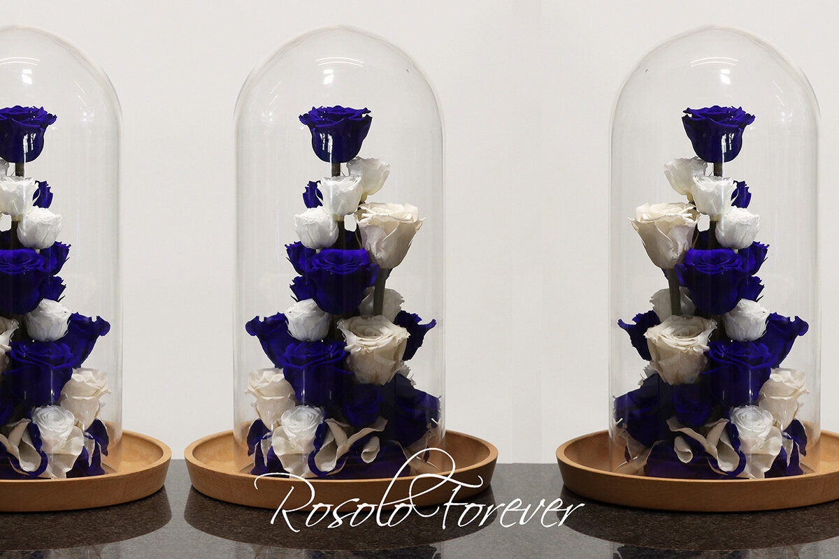 Très grande cloche, roses en bleu et blanc