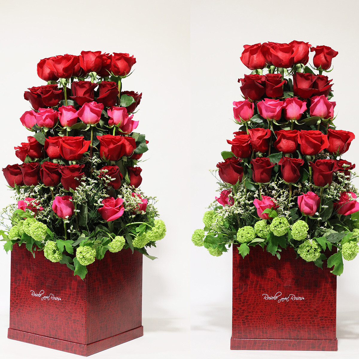 Somptueux arrangement de roses dans une boite carré