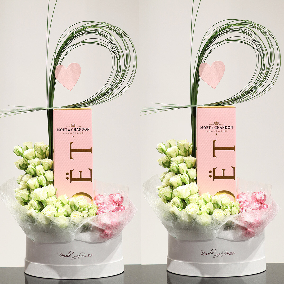 Rosé ou brut, Moet &amp; Chandon, chocolats, roses dans une belle boîte Rosolo