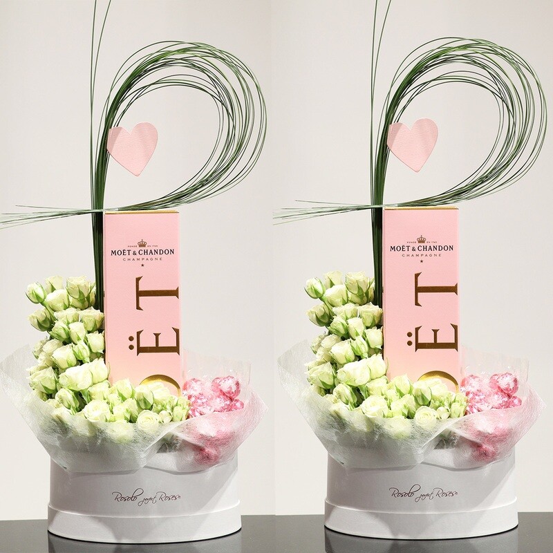 Rosé ou brut, Moet &amp; Chandon, chocolats, roses dans une belle boîte Rosolo
