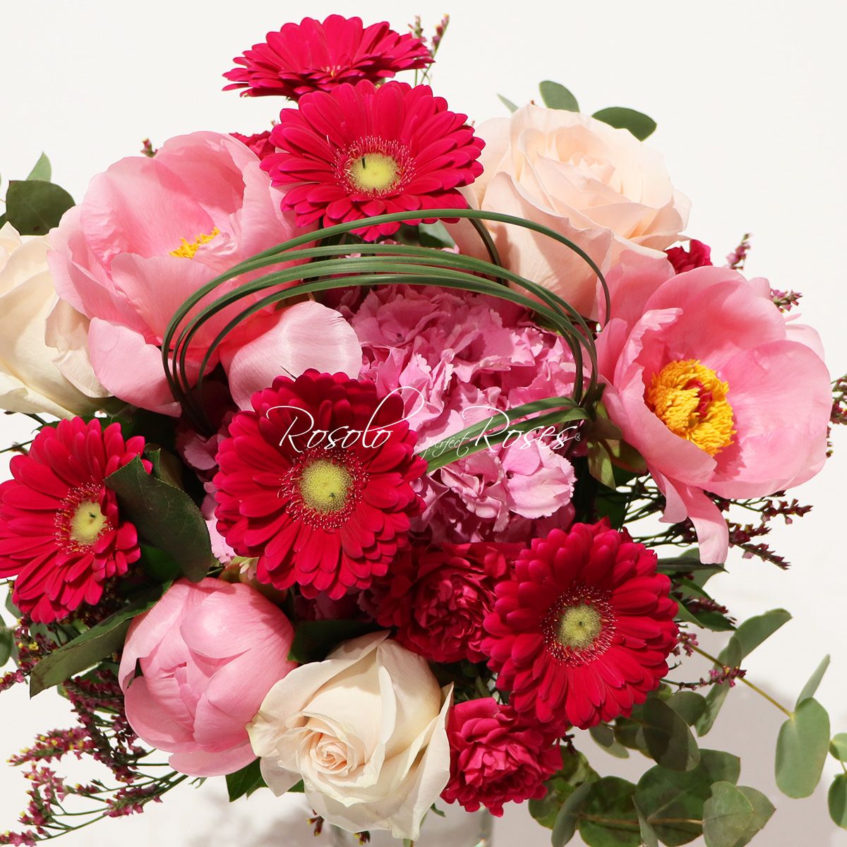 Harmonieux bouquet printanier, roses, pivoines, hortensia, germini