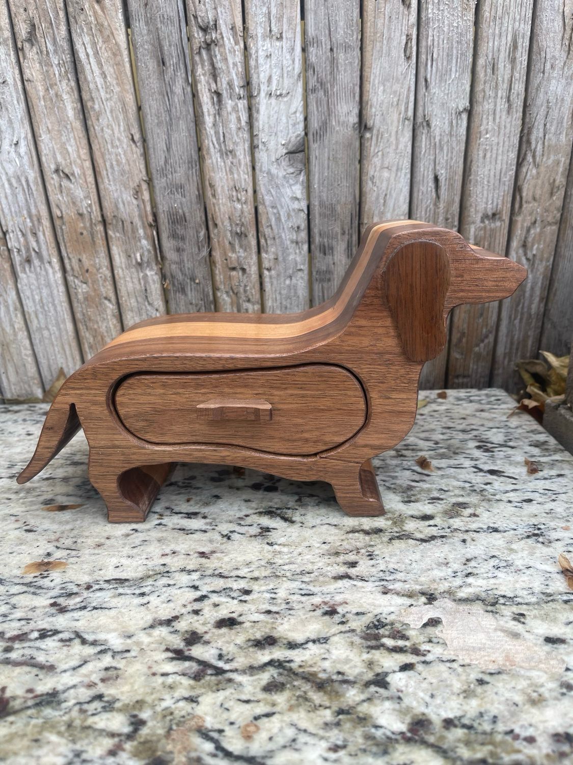 Handcrafted dachshund bandsaw box from Manta Wood Creations

