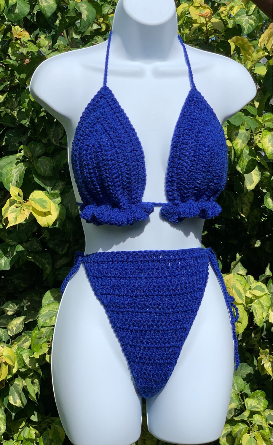 Royal Blue 3-Piece Ruffled Top Bikini With Fringe Skirt