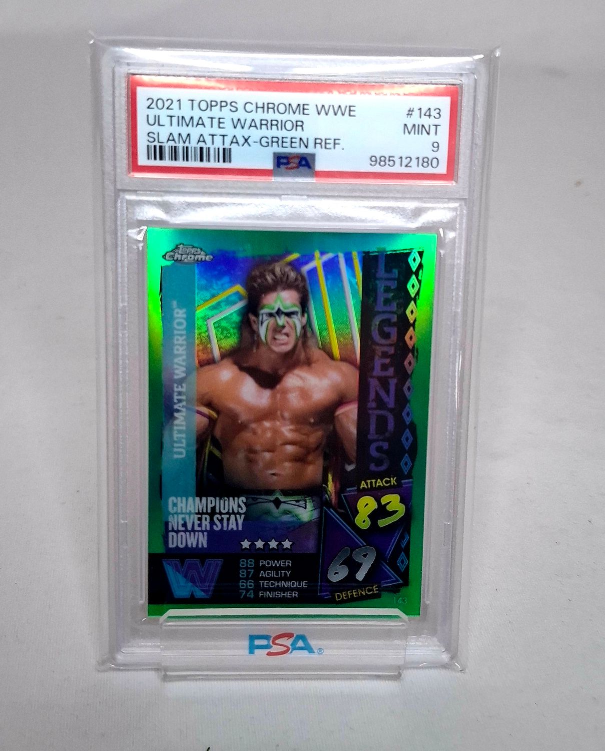 Topps 2021 Chrome WWE Ultimate Warrior Slam Attax Green Refractor 5/50 PSA 9 !