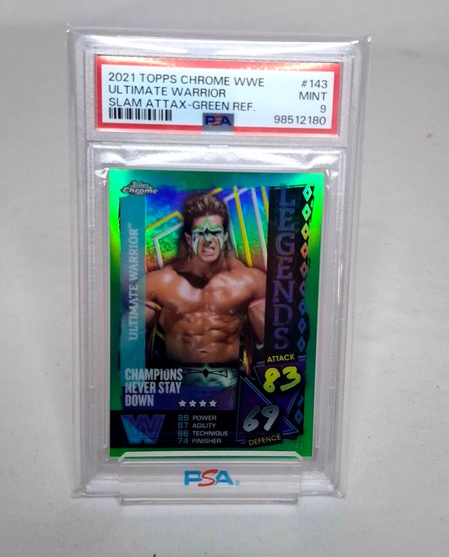 Topps 2021 Chrome WWE Ultimate Warrior Slam Attax Green Refractor 5/50 PSA 9 !