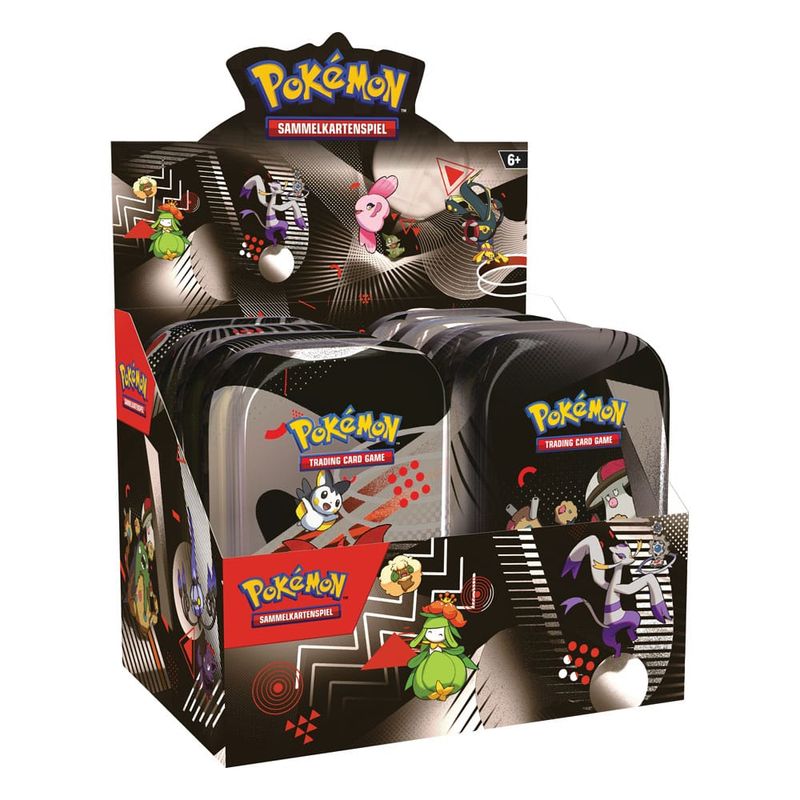 Pokémon TCG Mini-Tins Karmesin & Purpur Display Weiße Flammen Schwarze Blitze