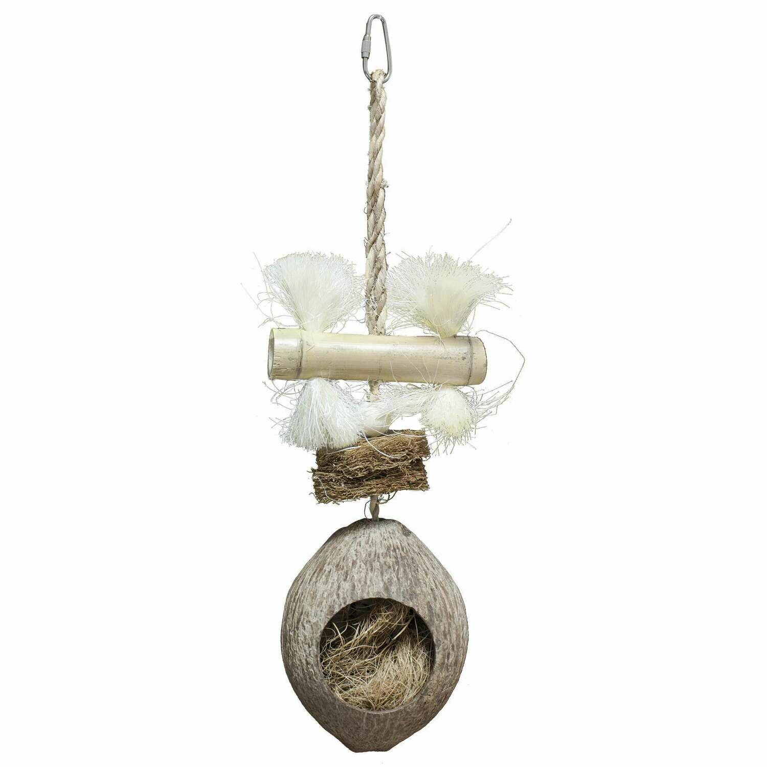 Juguete de madera natural con coco para pájaros