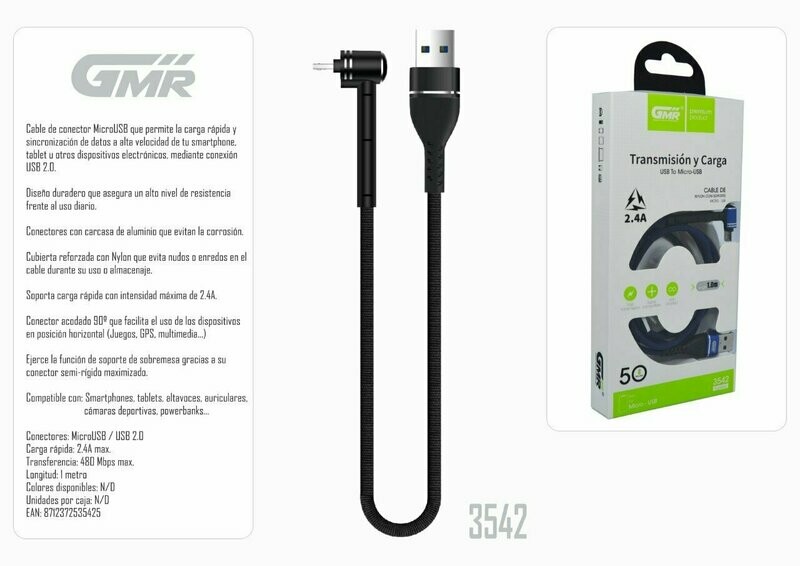 Cable MicroUSB Carga Rápida 2.4A 100cm Nylon Trenzado Conector Soporte Sobremesa