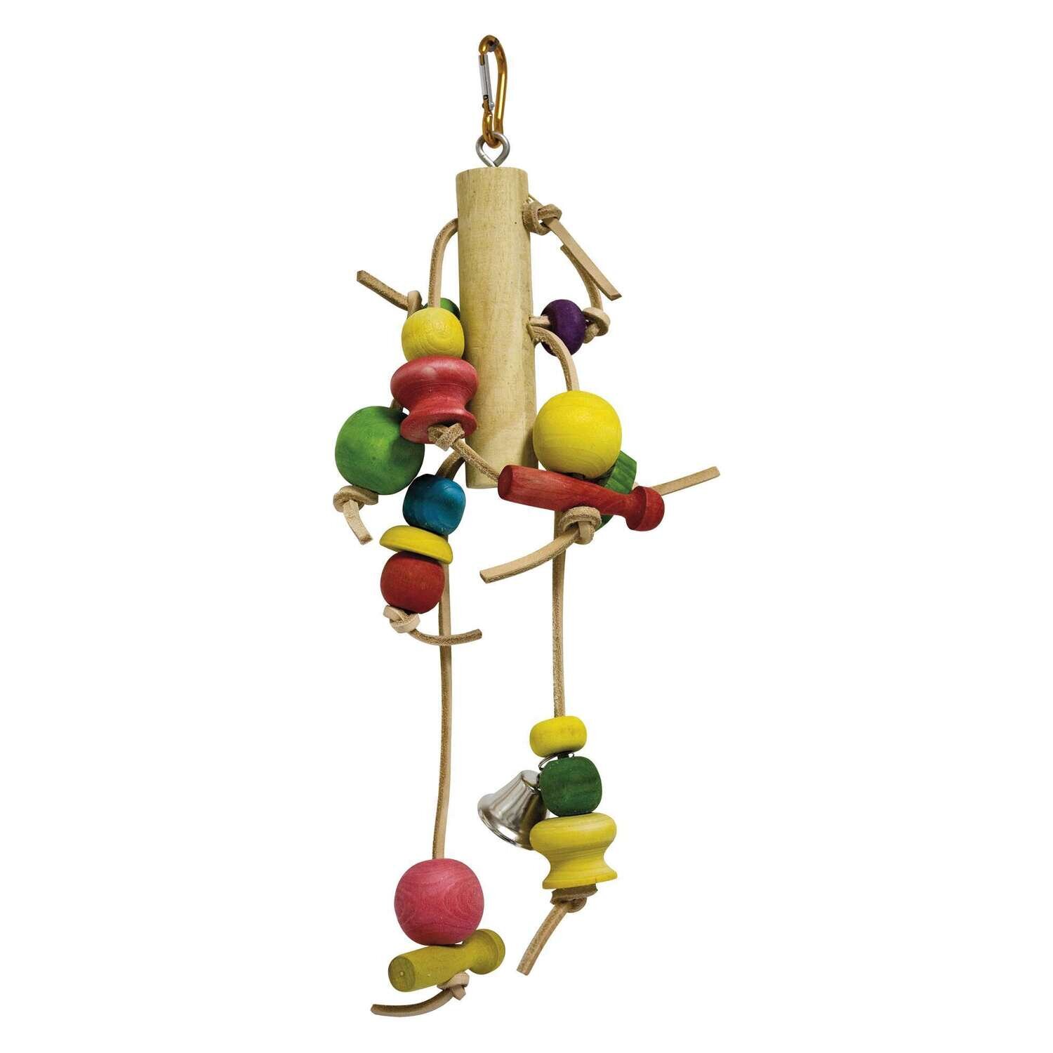 Juguete de madera con cuero y cuentas para p�jaros 25 cm