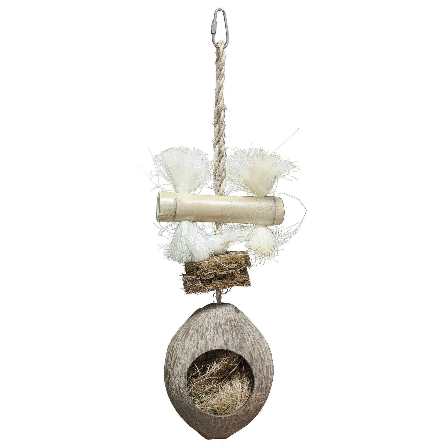 Juguete de madera natural con coco para p�jaros 11x35 cm