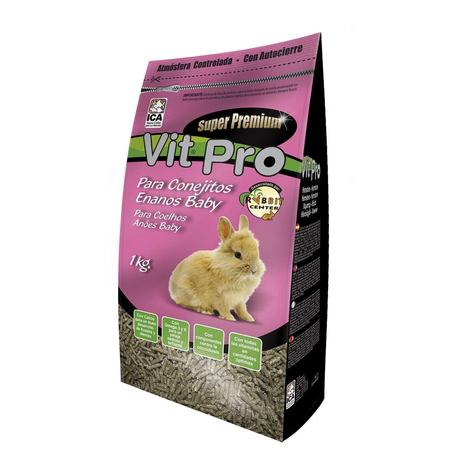 Alimento para conejos enanos baby con cierre Zip Vit Pro en bolsa 1 KG
