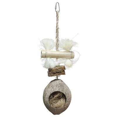 Juguete de madera natural con coco para p�jaros 11x35 cm