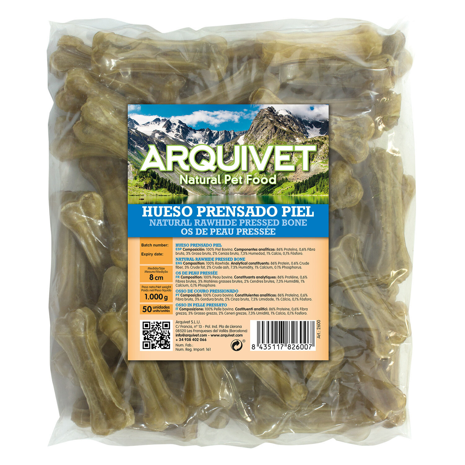 Hueso prensado piel - 8 cm (Bolsa 50 uds.)