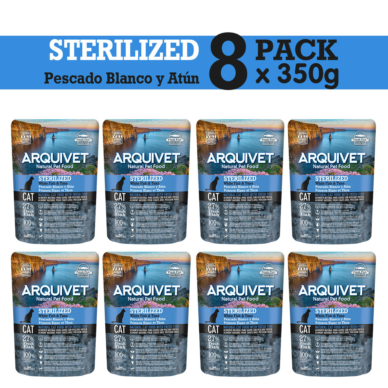 PACK 8 bolsas Arquivet Cat Sterilized White Fish & Tuna 350gr