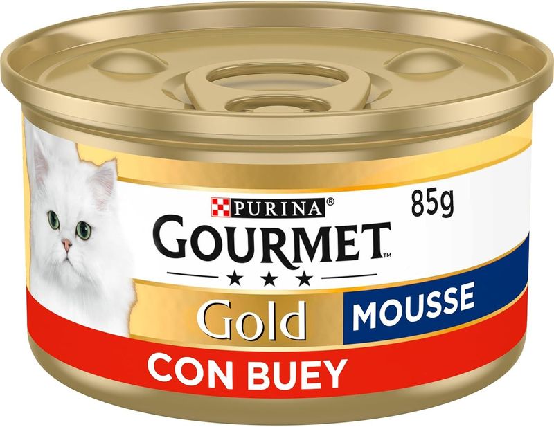 Gourmet Purina Gold Mousse, Comida Húmeda para Gato con Buey, 24 latas de 85g