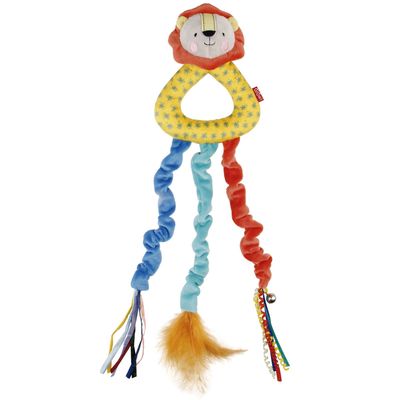 Colgante puerta cascabel + plumas Le�n GiGwi 43 cm