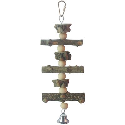 Juguete de madera natural con campana para p�jaros 11x30 cm