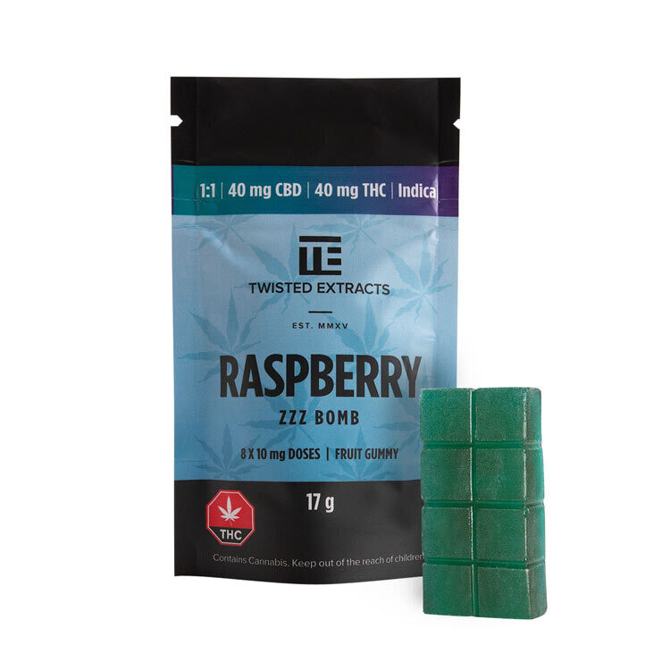 Twisted Extracts Indica Jelly Bombs - 1:1 - 40 MG THC : 40 MG CBD, Flavour: Raspberry