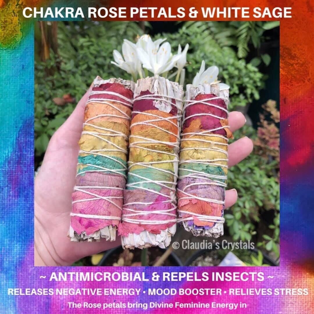 SAGE - WHITE SAGE &amp; CHAKRA ROSE PETALS - 4” Bundle