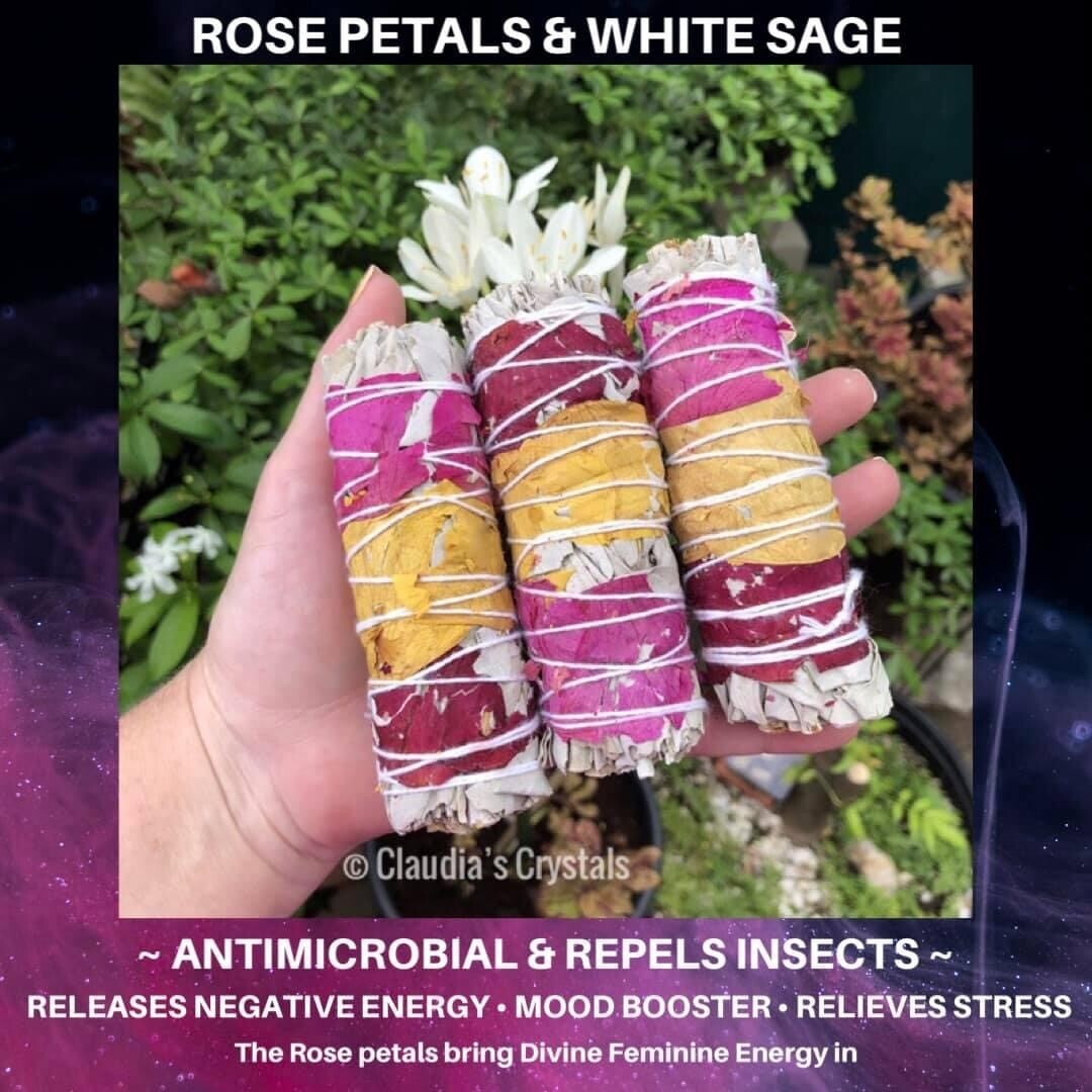 SAGE - WHITE SAGE &amp; ROSE PETALS - 4” Bundle